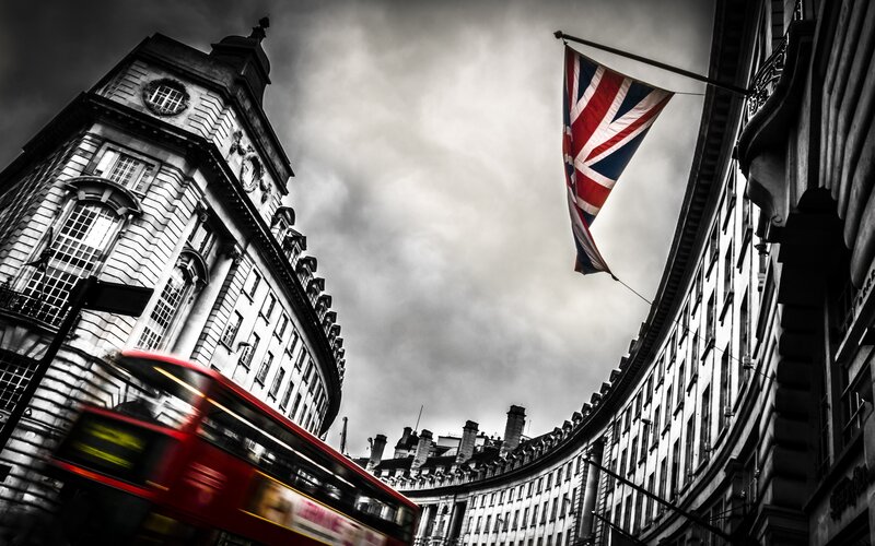 Red Double-decker Bus — Dramatic, Photograph, Union Jack Flag