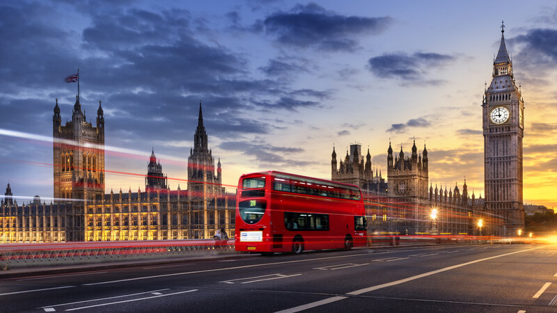 Red Double-decker Bus — Dramatic, Sunset