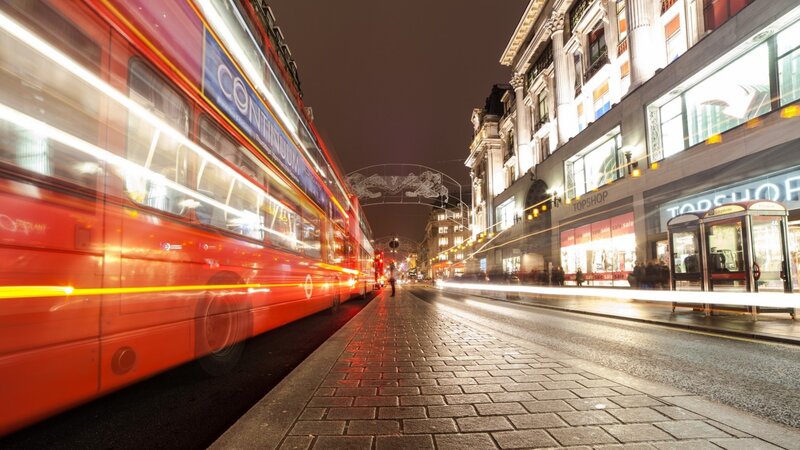 Red Double-decker Bus — Dynamic, Night, Photograph