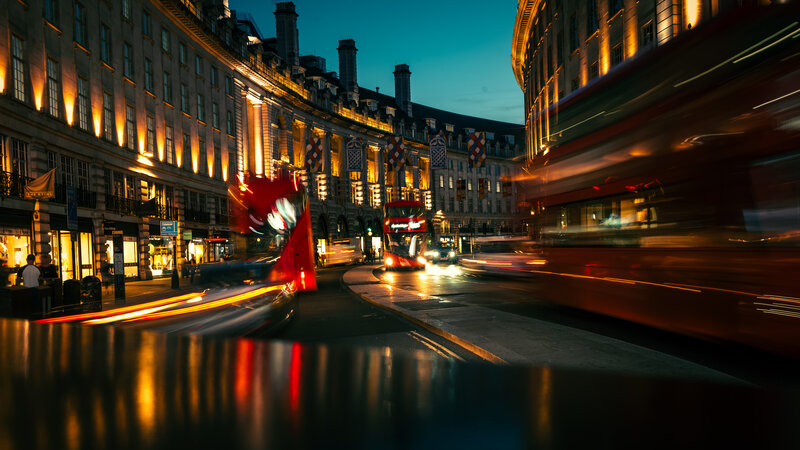 Red Double-decker Buses — Dramatic, Night
