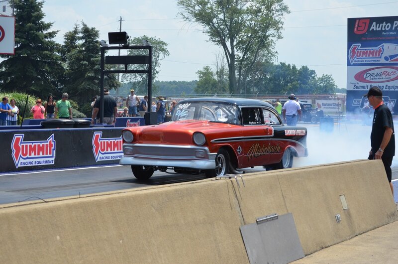 Red Drag Racing Car — Active, Afternoon, Photograph, Crowd