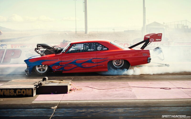 Red Drag Racing Car — Dramatic, Afternoon, Photograph, Flame Decals
