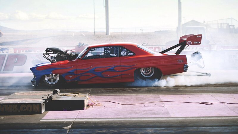 Red Drag Racing Car — Dramatic, Afternoon, Photograph, Flames