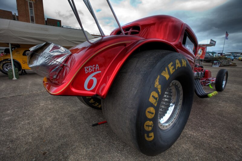 Red Drag Racing Car — Dramatic, Afternoon, Photograph, Tire