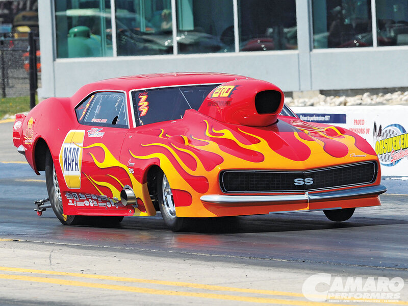Red Drag Racing Car — Dynamic, Afternoon, Photograph, Flame Decals
