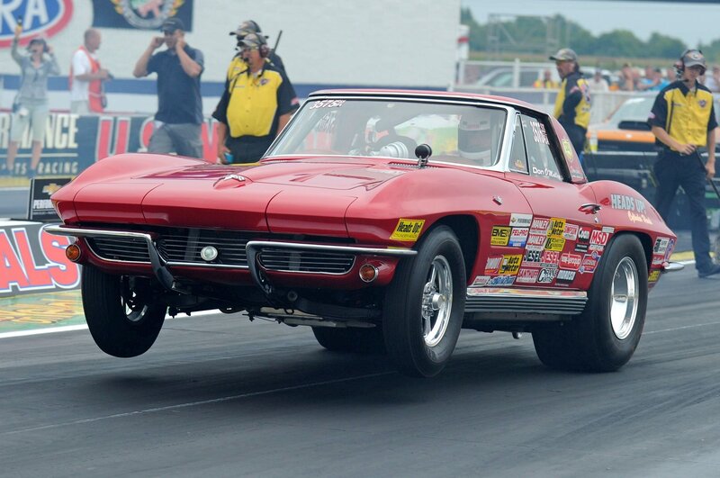 Red Drag Racing Car — Dynamic, Afternoon, Photograph, People, Racetrack