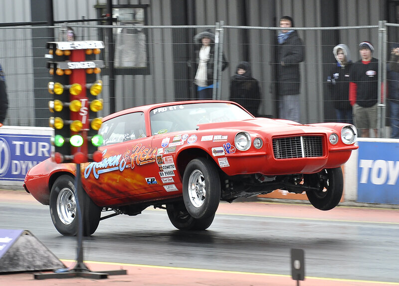 Red Drag Racing Car — Dynamic, Photograph, Spectators