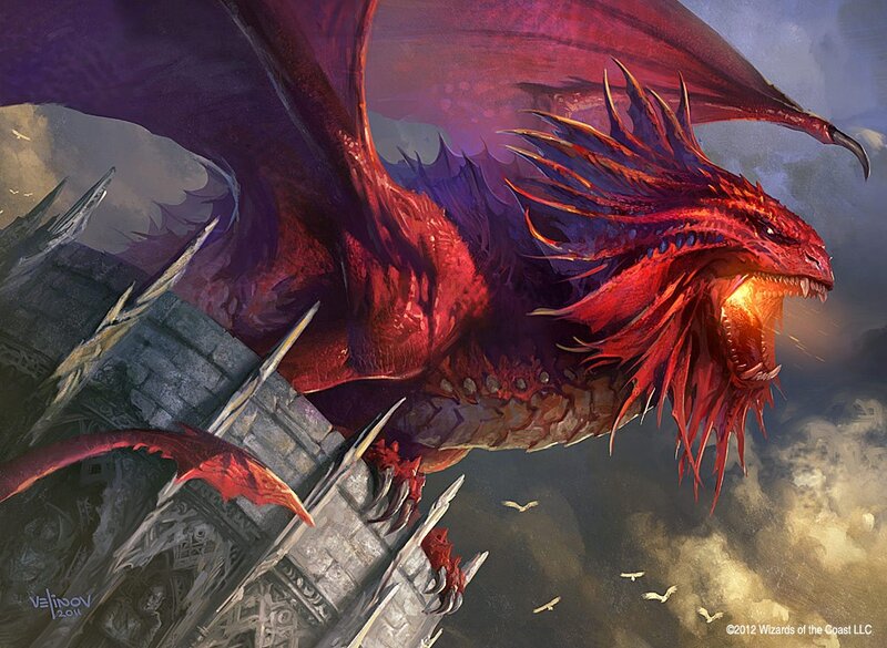 Red dragon attacking a castle