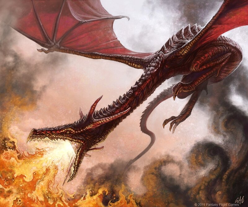 Red dragon breathing fire