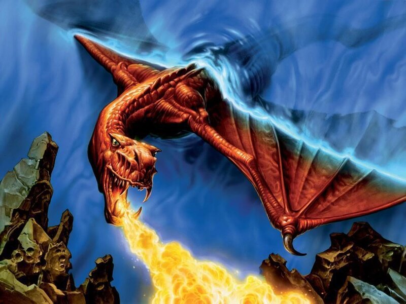 Red Dragon Breathing Fire — Blue, Dramatic, Digital Art, Rocky Terrain