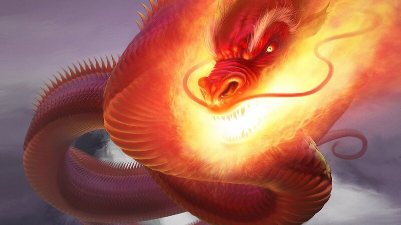 Red Dragon Breathing Fire — Dramatic, Digital Art, Clouds