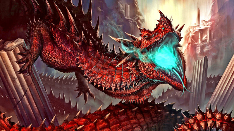 Red Dragon Breathing Fire — Dramatic, Digital Art, Ruins