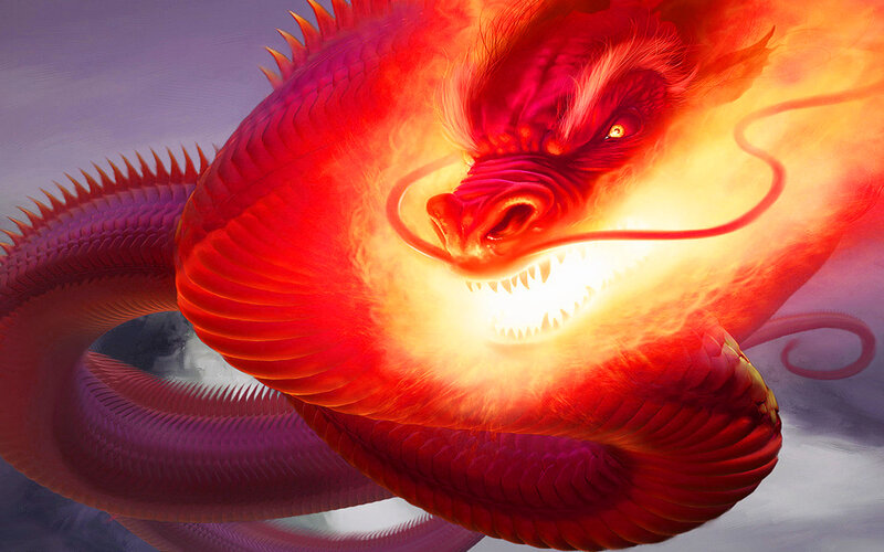 Red Dragon Breathing Fire — Dramatic, Digital Art