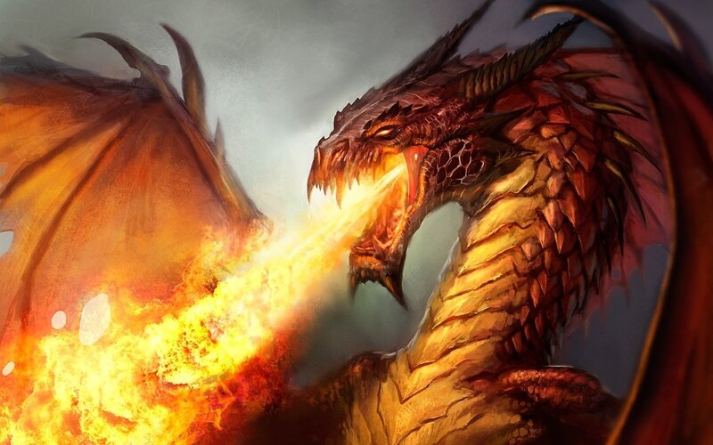 Red Dragon Breathing Fire — Dramatic, Digital Art, Wings, Scales, Orange
