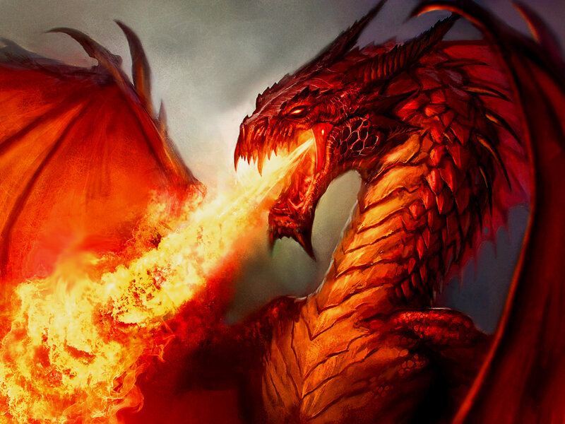 Red Dragon Breathing Fire — Dramatic, Digital Art, Wings, Scales