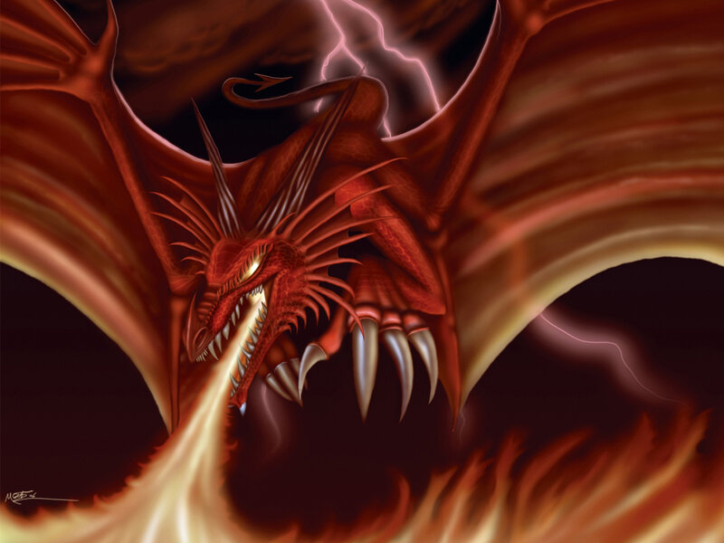 Red Dragon Breathing Fire — Dramatic, Night, Digital Art, Lightning