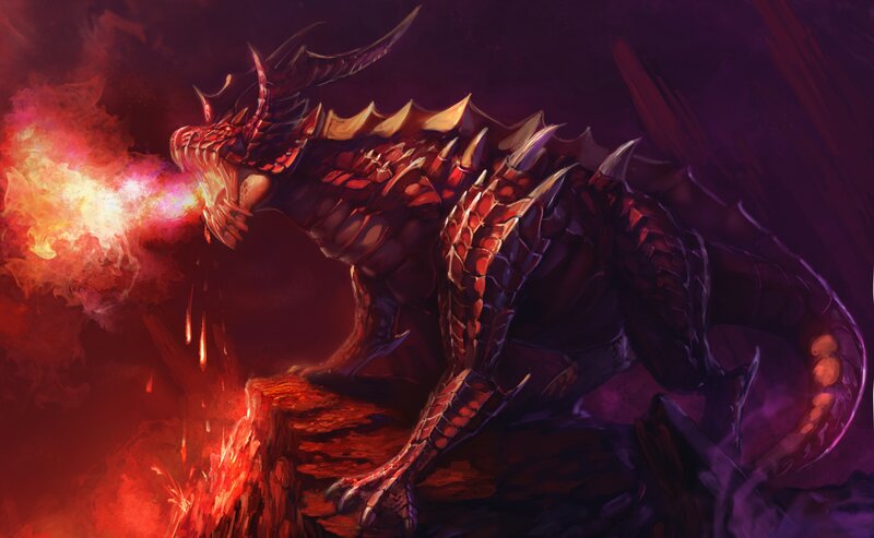 Red Dragon Breathing Fire — Dramatic, Night, Digital Art, Rock