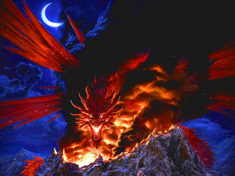 Red Dragon Breathing Fire — Dramatic, Night, Digital Art