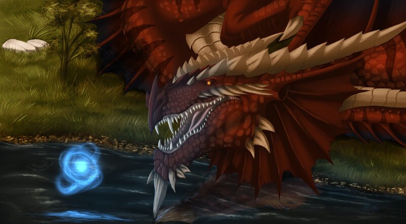 Red dragon by a river