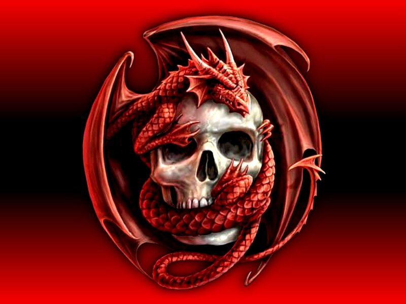 Red Dragon Coiled Around Skull — Dramatic