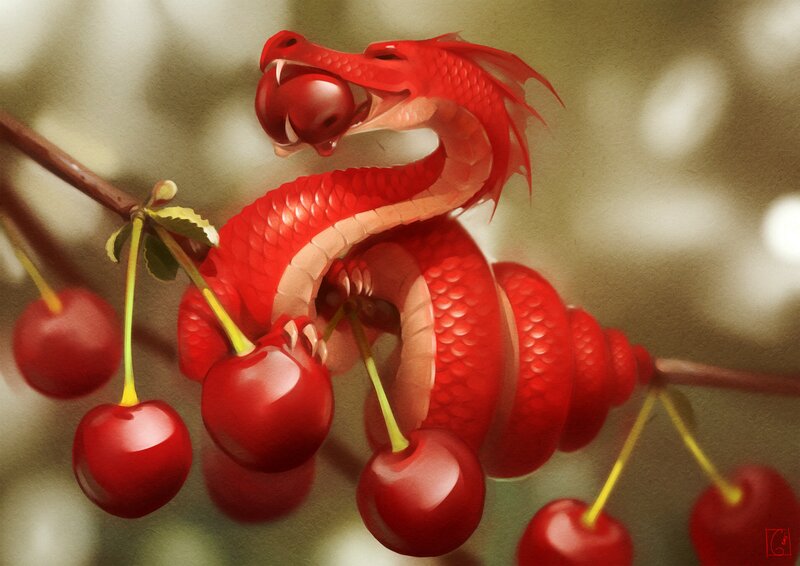 Red Dragon Eating Cherries