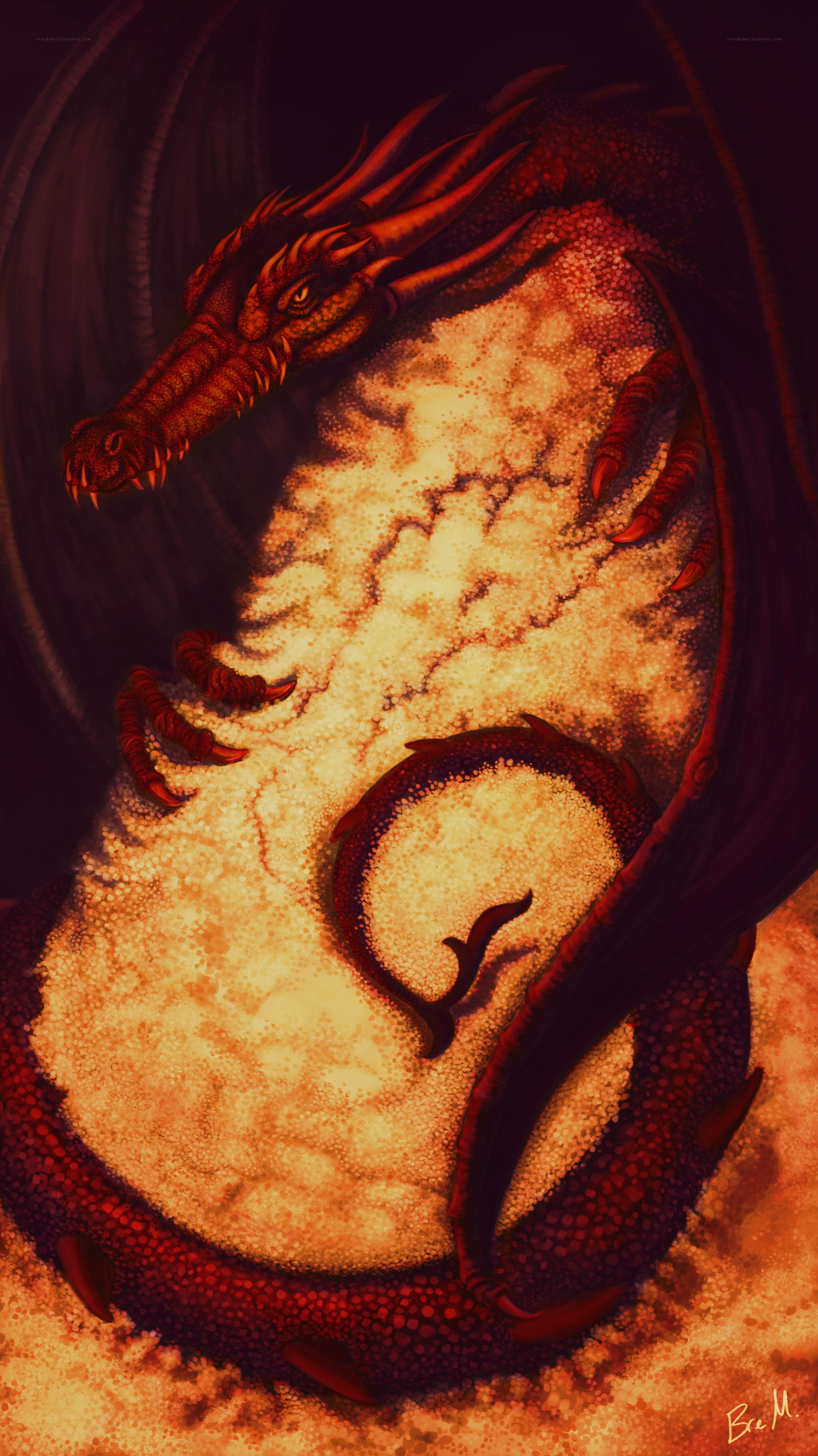 Red dragon guarding treasure