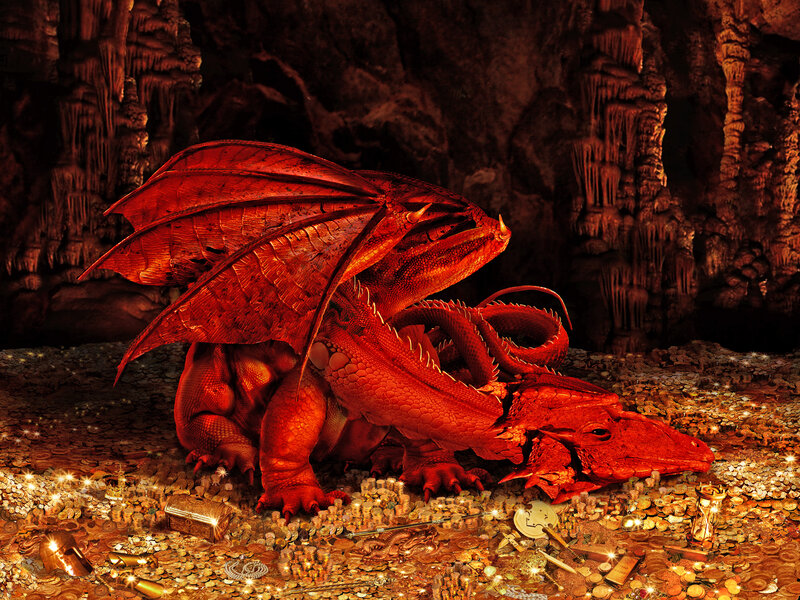Red dragon guarding treasure