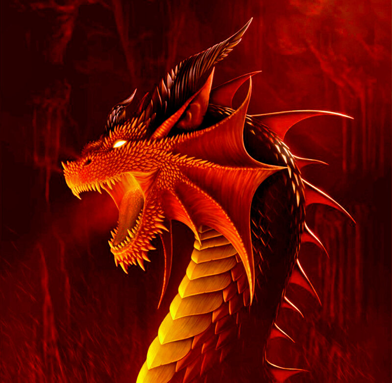 Red Dragon Head — Dramatic, Digital Art, Fire, Scales