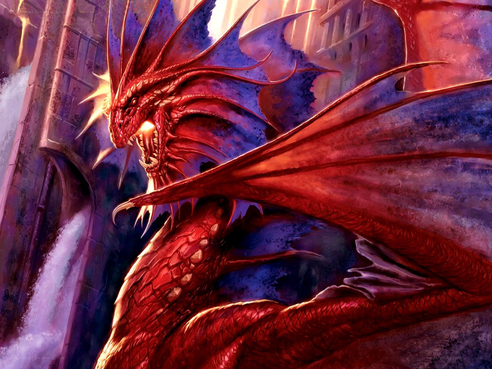 Red dragon in a castle
