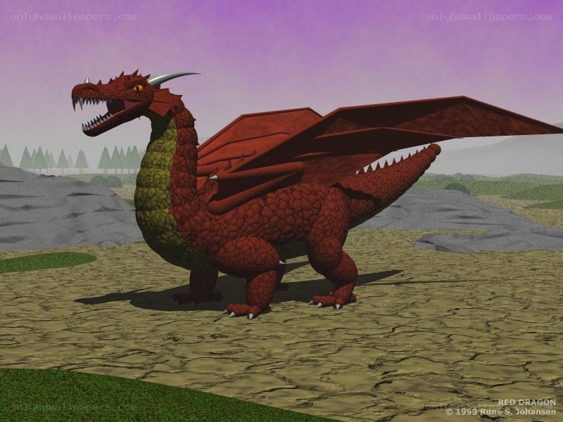 Red dragon in a fantasy landscape