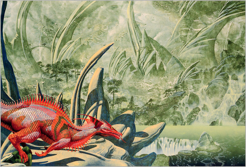 Red dragon in a fantasy landscape