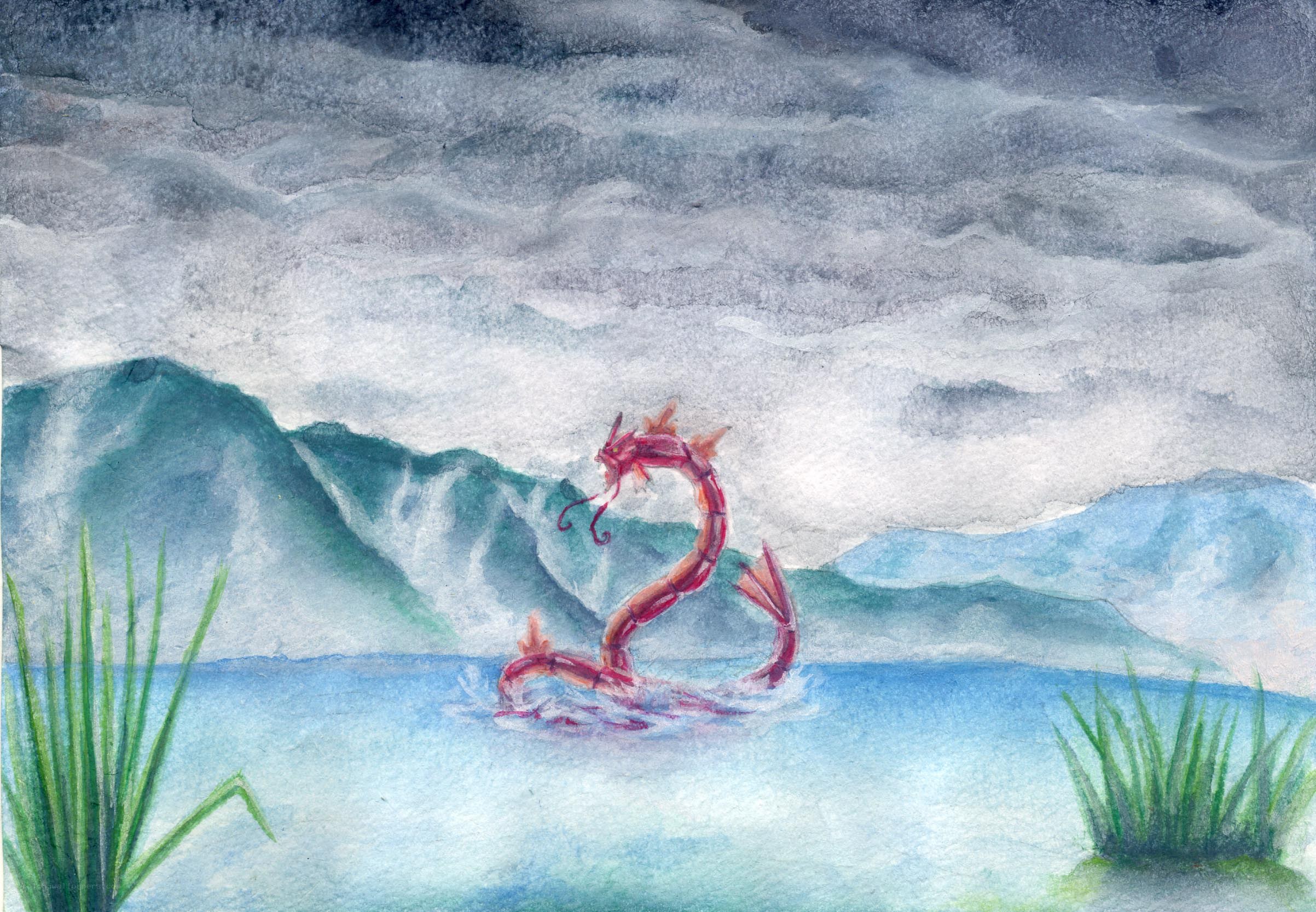 Red dragon in a lake