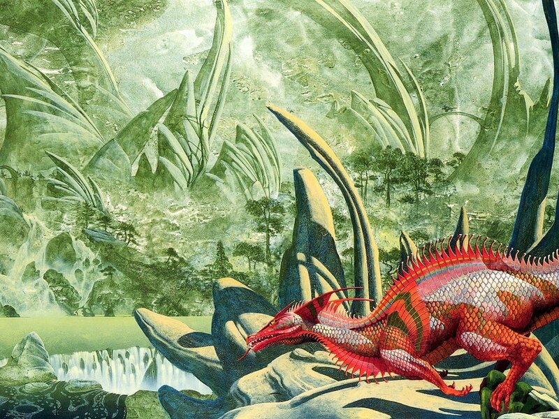 Red dragon in a lush valley