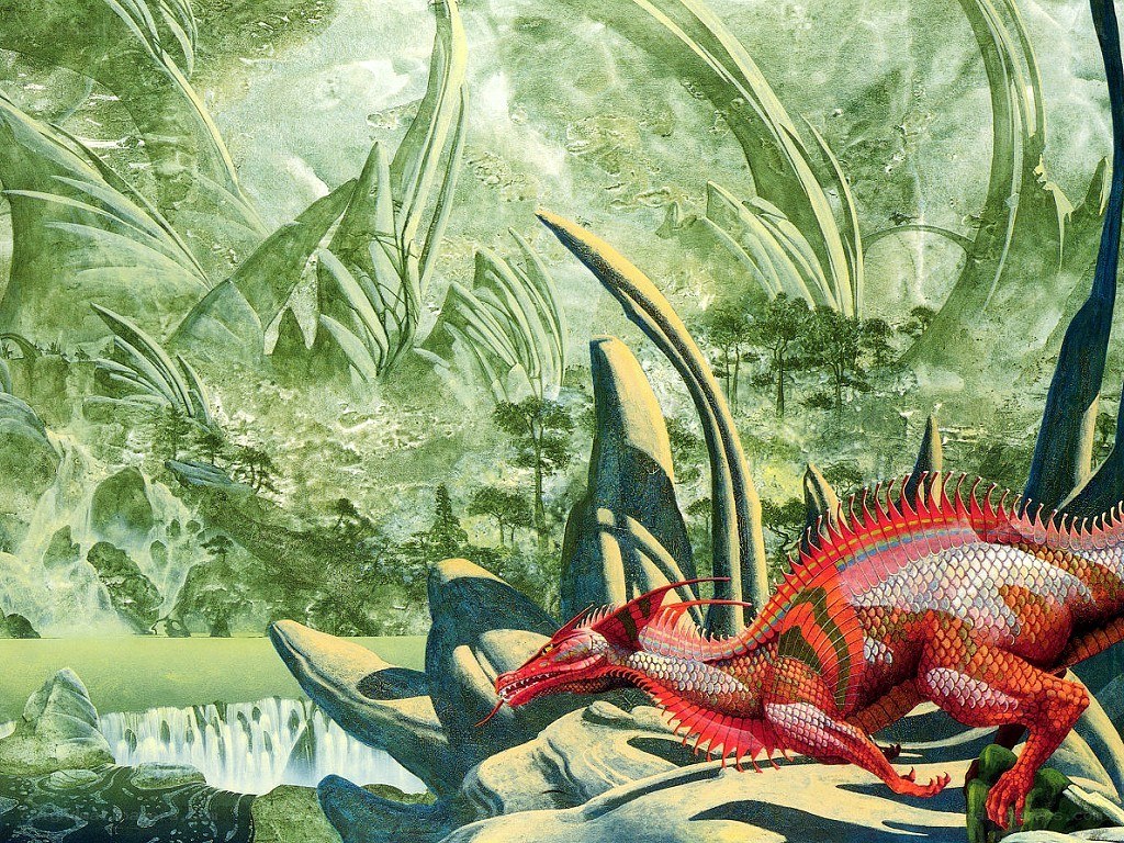 Red dragon in a lush valley