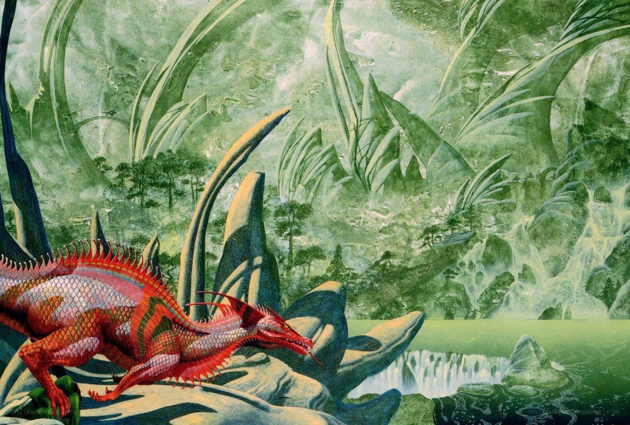 Red dragon in a lush valley