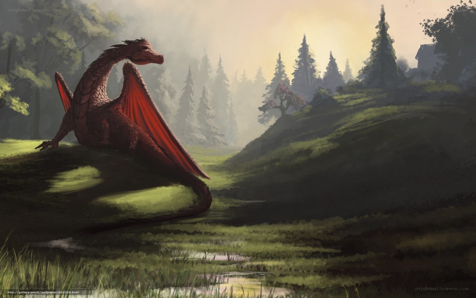 Red dragon in a misty forest