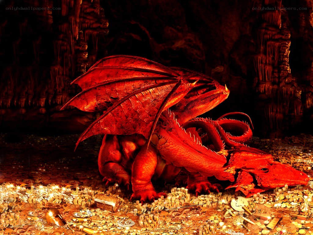 Red dragon in a treasure cave