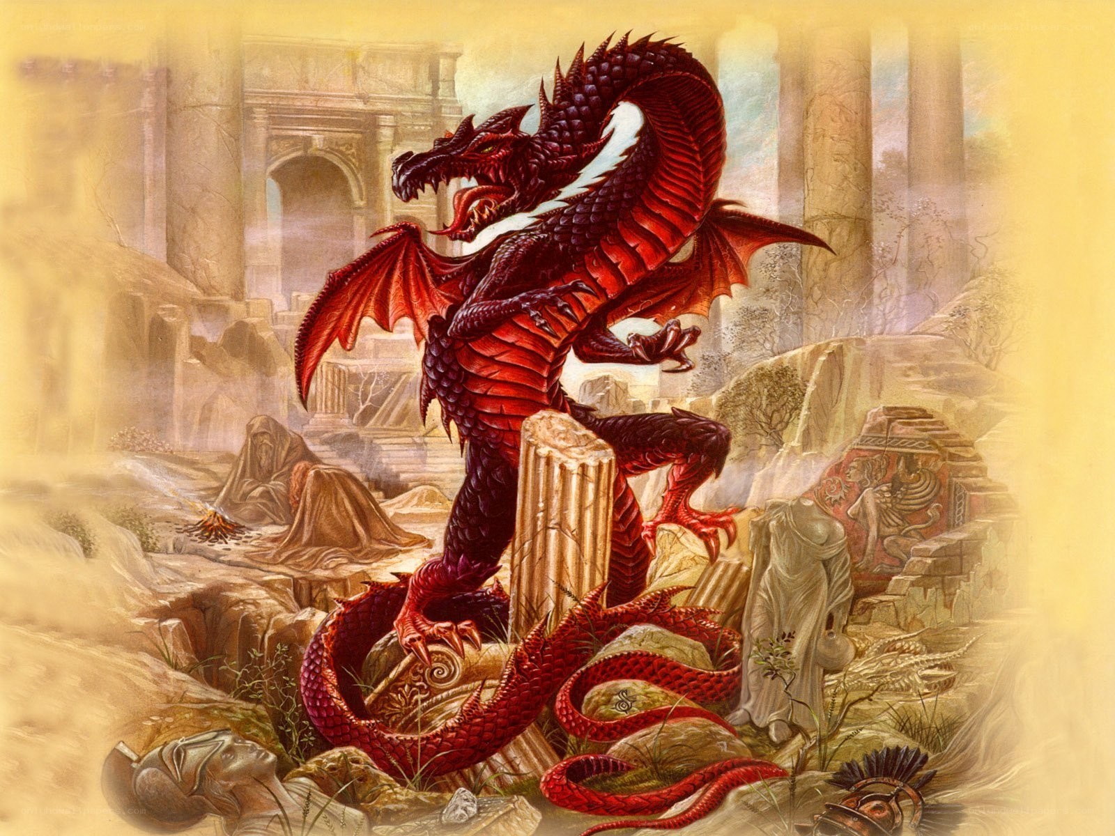 Red dragon in ancient ruins