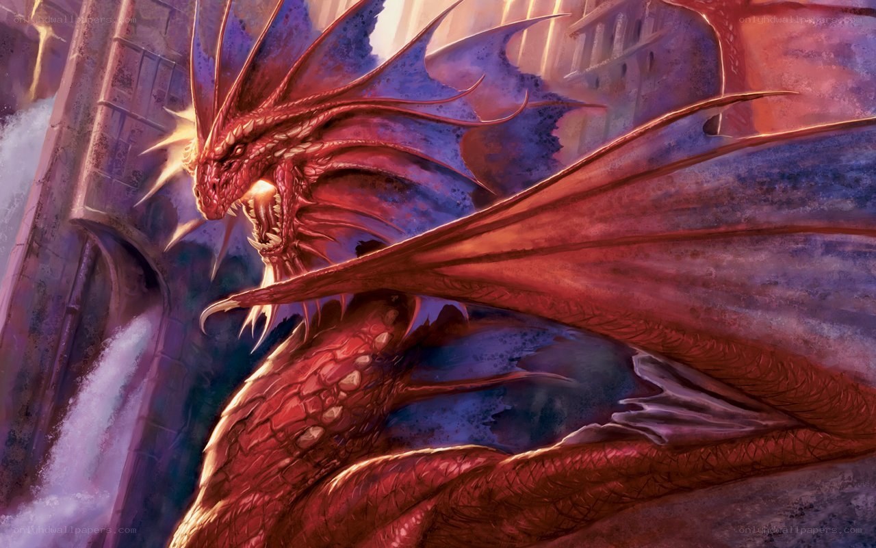 Red dragon in ancient ruins