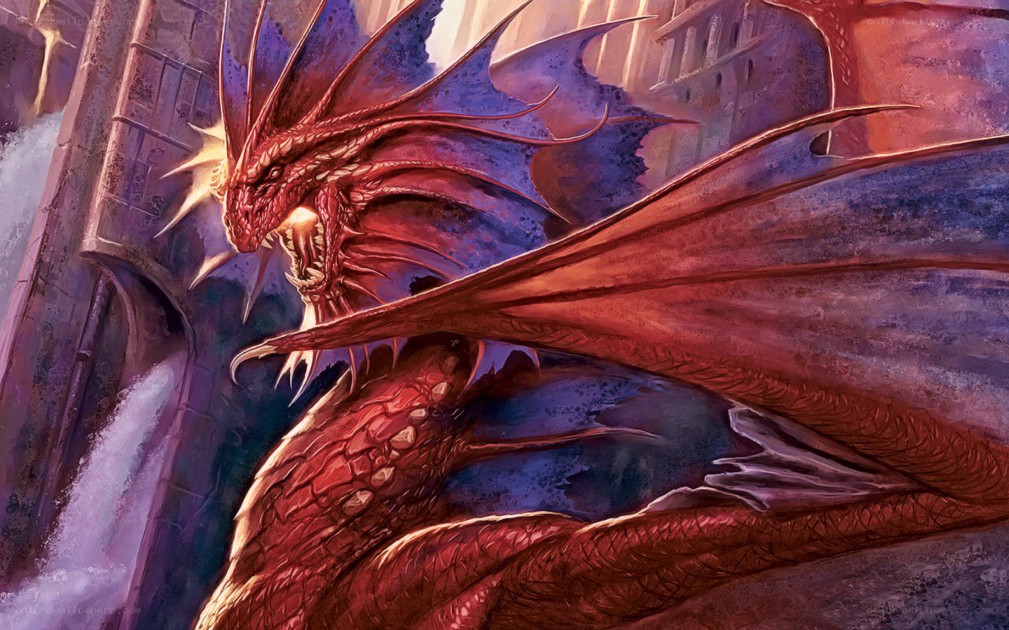 Red dragon in ancient ruins