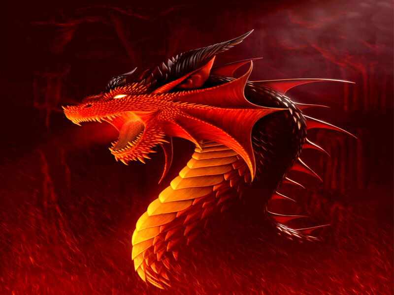 Red Dragon in Cave — Dramatic, Digital Art, Fire, Scales