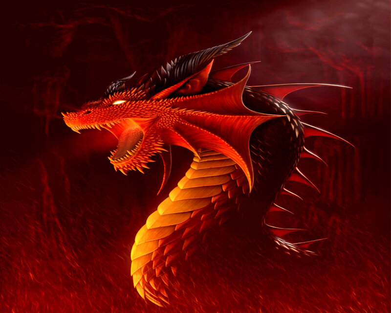 Red Dragon in Cave — Dramatic, Digital Art, Fire