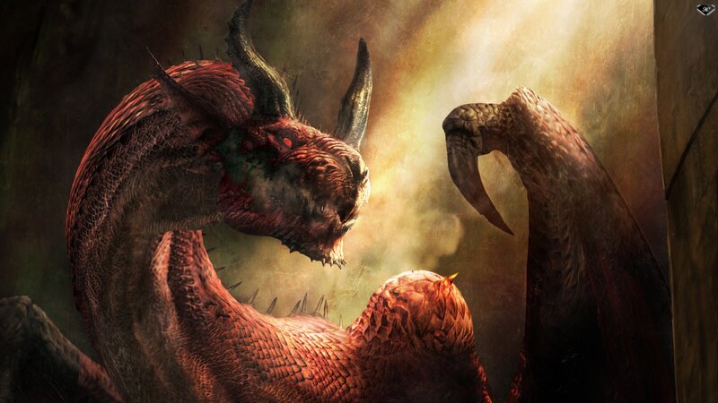 Red Dragon in Cave — Dramatic, Digital Art, Light