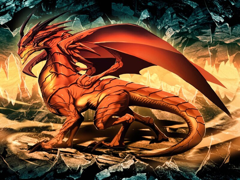 Red Dragon in Cave — Dramatic, Digital Art, Rock