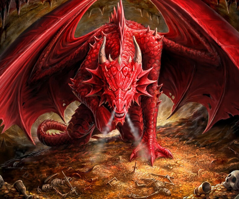 Red Dragon in Cave — Dramatic, Digital Art, Skeletons