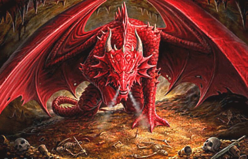Red Dragon in Cave — Dramatic, Digital Art, Skulls, Skeletons