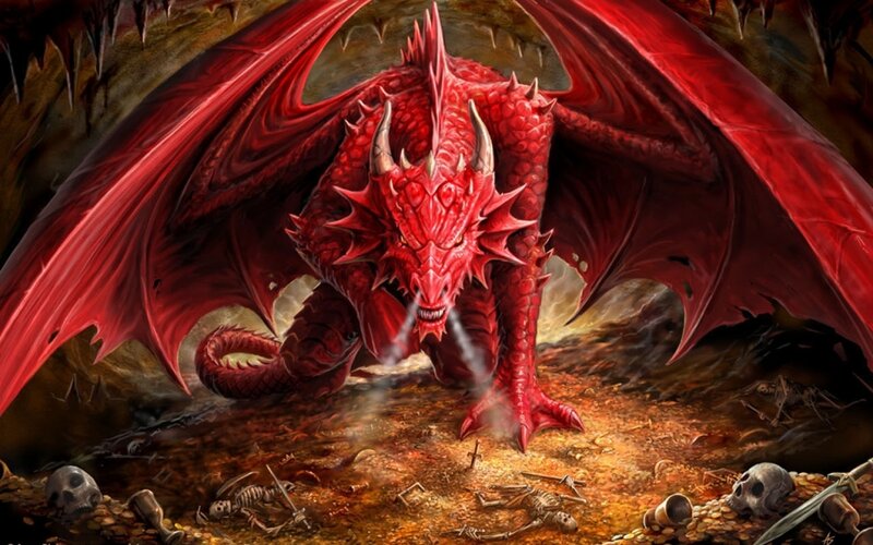 Red Dragon in Cave — Dramatic, Digital Art, Skulls
