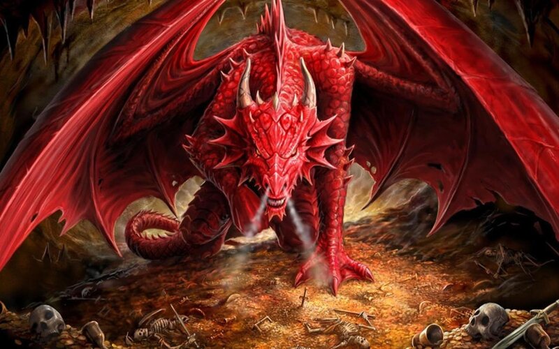 Red Dragon in Cave — Dramatic