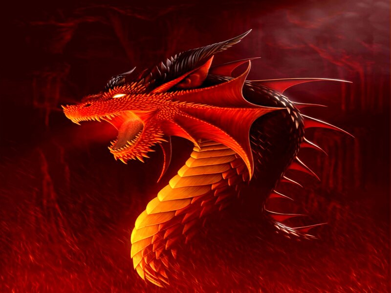 Red dragon in fiery cave