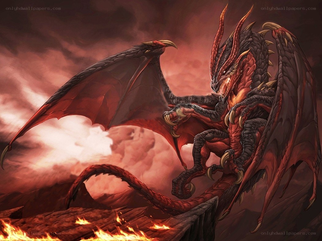 Red dragon in fiery landscape